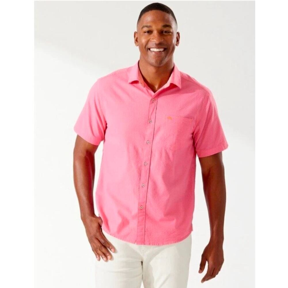 Tommy Bahama Shirt Mens XXL Pink‎ Nova Wave Seersucker Short Sleeve Button Up